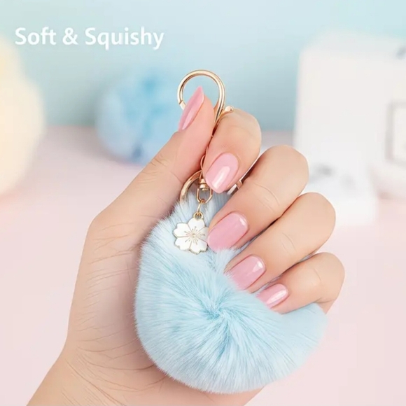 NWTluffy Pom Pom Keychain Set Of 3 - Blue, Pink, Green, Purple - Picture 4 of 6
